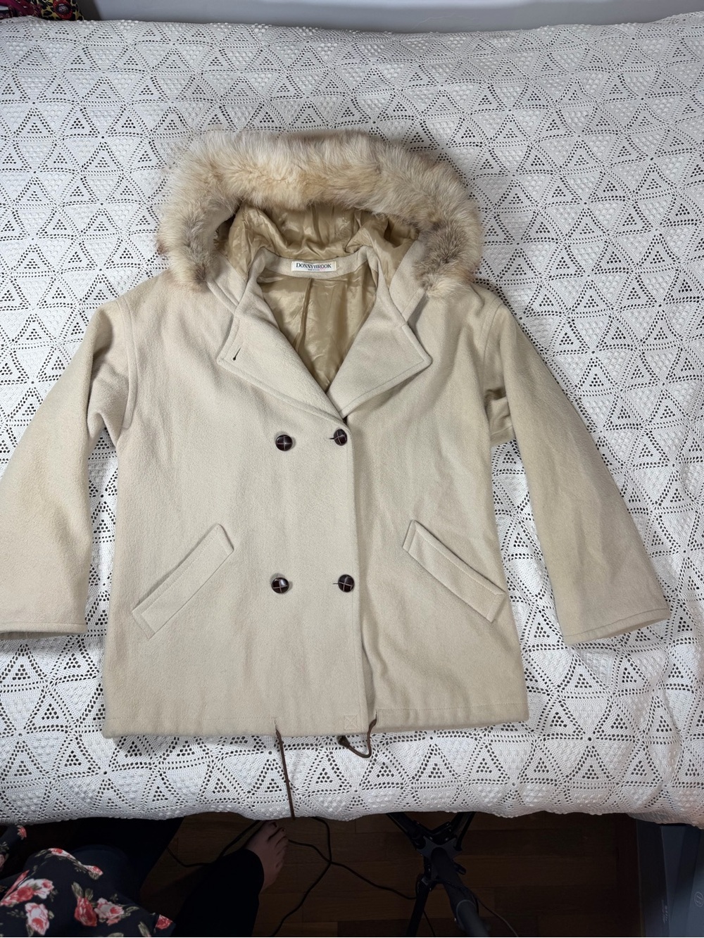 Vintage Donnybrook Ivory Wool Blend Real Fur Hood Coat Size 14